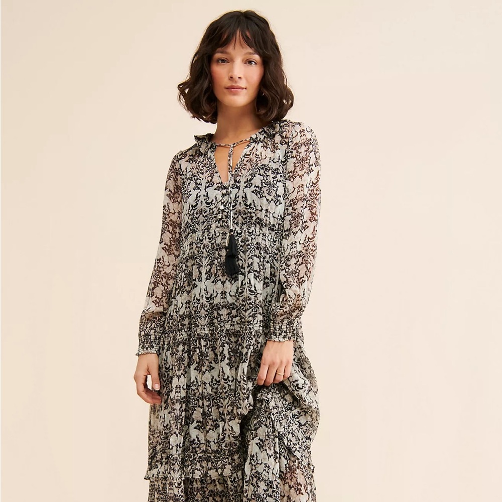 Anthropologie Marais Maxi Dress Sheer Chiffon B&W Print Ruffle Tier Long Sleeve